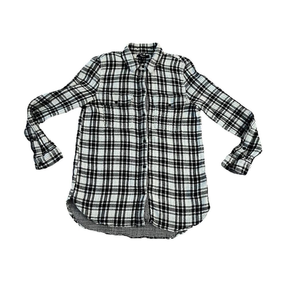 Madewell Women’s Top Medium‎  Button Up Ex Boyfriend Plaid Shirt Black White